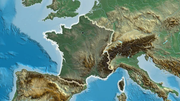 Close-up of the France border area highlighting with a dark overlay on a relief map. Capital point. Glow around the country shape.