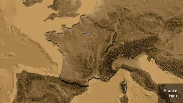 在一张黑色高程地图上对法国边境地区进行的密切监视 资本点 这个国家的边缘呈斜角状 国家及其首都的英文名称 — 图库照片