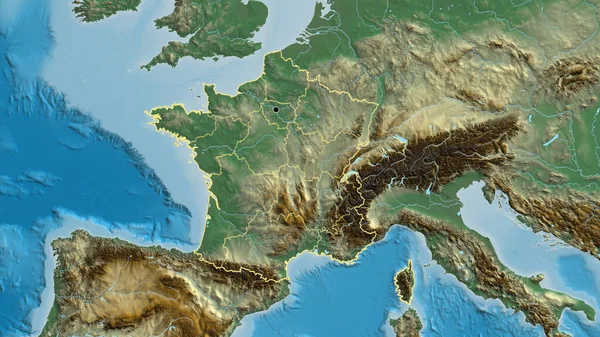 Close-up of the France border area and its regional borders on a relief map. Capital point. Outline around the country shape.