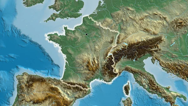 Close France Border Area Relief Map Capital Point Glow Country — Stock Photo, Image