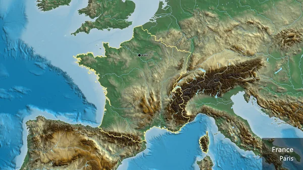 救援地図上のフランス国境地帯の閉鎖 資本ポイント 国の形の周りの概要 英名国とその首都 — ストック写真
