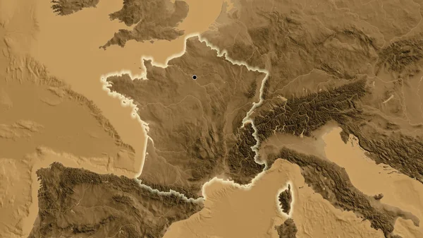 Close France Border Area Sepia Elevation Map Capital Point Glow — Stock Photo, Image