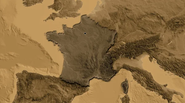 Närbild Frankrikes Gränsområde Med Ett Mörkt Överdrag Sepiahöjdskarta Huvudpunkt Skalade — Stockfoto
