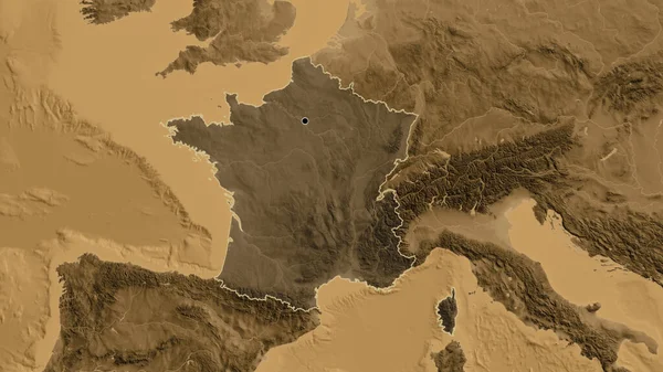 Close-up of the France border area highlighting with a dark overlay on a sepia elevation map. Capital point. Outline around the country shape.