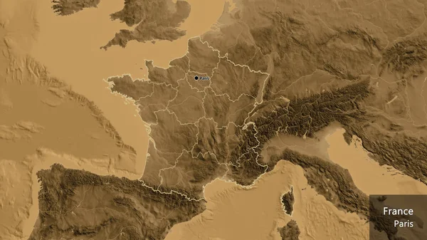 Close-up of the France border area and its regional borders on a sepia elevation map. Capital point. Outline around the country shape. English name of the country and its capital