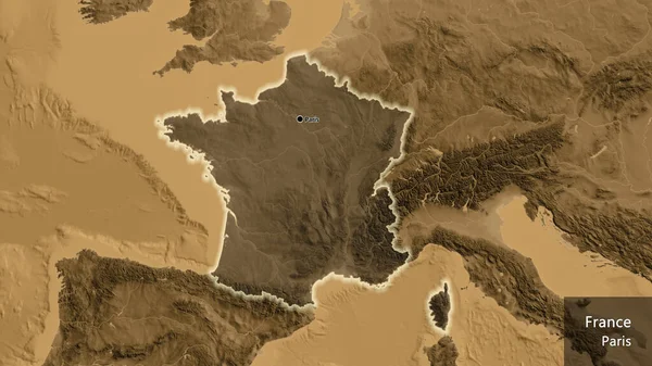 Close-up of the France border area highlighting with a dark overlay on a sepia elevation map. Capital point. Glow around the country shape. English name of the country and its capital