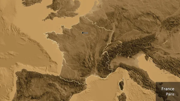 セピア標高マップ上のフランス国境地域のクローズアップ 資本ポイント 国の形の周りの概要 英名国とその首都 — ストック写真
