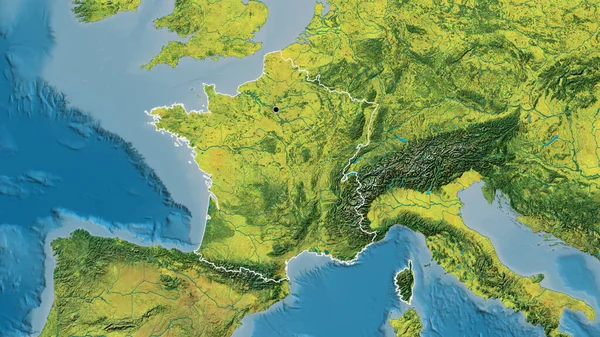 在一张地形图上对法国边境地区进行了密切监视 资本点 国家形貌概述 — 图库照片