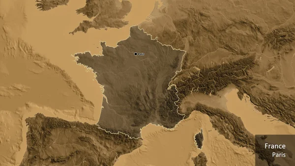 Närbild Frankrikes Gränsområde Med Ett Mörkt Överdrag Sepiahöjdskarta Huvudpunkt Runt — Stockfoto