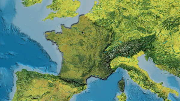 Close-up of the France border area highlighting with a dark overlay on a topographic map. Capital point. Bevelled edges of the country shape.