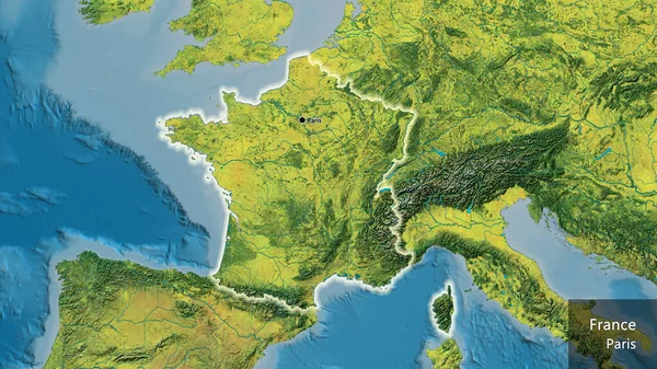 Close-up of the France border area on a topographic map. Capital point. Glow around the country shape. English name of the country and its capital