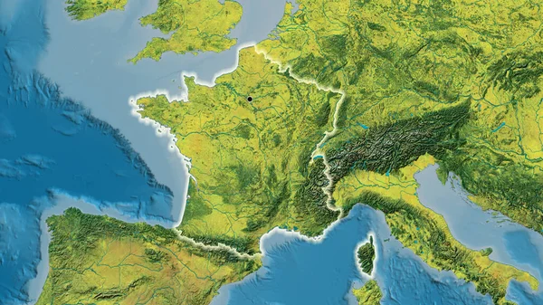 Close-up of the France border area on a topographic map. Capital point. Glow around the country shape.