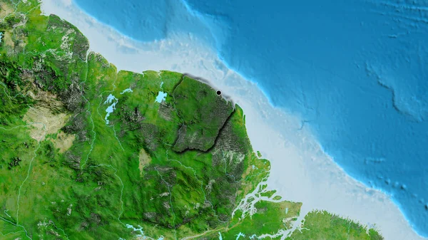 衛星地図上の暗いオーバーレイで強調フランス領ギアナ国境地域のクローズアップ 資本ポイント 国の形の縁が隠されている — ストック写真