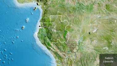 Gabon sınır bölgesinin uydu haritasında yakın plan görüntüsü. Ana nokta. Ülke çapında bir taslak oluşturun. Ülkenin ve başkentinin İngilizce adı