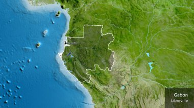 Gabon sınır bölgesinin uydu haritasında koyu bir örtüyle ışıklandırılmış hali. Ana nokta. Ülke çapında bir taslak oluşturun. Ülkenin ve başkentinin İngilizce adı