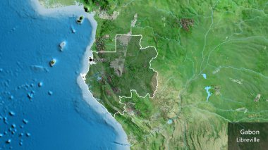 Gabon sınır bölgesinin uydu haritasında koyu bir örtüyle ışıklandırılmış hali. Ana nokta. Ülke çapında bir taslak oluşturun. Ülkenin ve başkentinin İngilizce adı