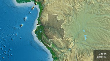 Gabon sınır bölgesinin yakın çekimleri fiziksel bir harita üzerinde koyu bir örtüyle vurgulanıyor. Ana nokta. Ülke çapında bir taslak oluşturun. Ülkenin ve başkentinin İngilizce adı