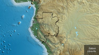 Gabon sınır bölgesinin yakınlaştırılmış haritası. Ana nokta. Kırsal kesimin kıvrımlı kenarları. Ülkenin ve başkentinin İngilizce adı