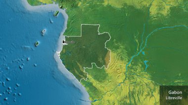 Gabon sınır bölgesinin, topoğrafik haritada koyu bir örtüyle ışıklandırılması. Ana nokta. Ülke çapında bir taslak oluşturun. Ülkenin ve başkentinin İngilizce adı