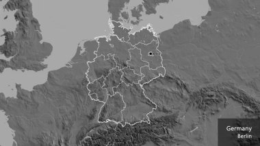 Almanya 'nın sınır bölgesi ve bölgesel sınırları bir bileklik haritasında yer alıyor. Ana nokta. Ülke çapında bir taslak oluşturun. Ülkenin ve başkentinin İngilizce adı