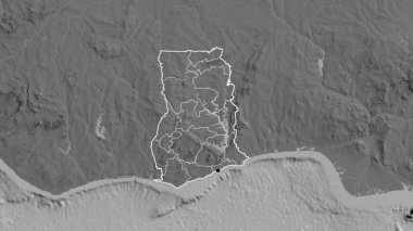 Gana sınır bölgesinin ve bölgesel sınırlarının bir bileklik haritası üzerinde yakınlaştırılması. Ana nokta. Ülke şekli etrafında özet geç. 