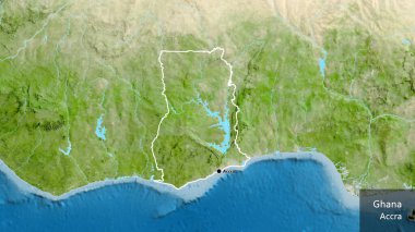 Gana sınır bölgesinin uydu haritasında yakın plan görüntüsü. Ana nokta. Ülke çapında bir taslak oluşturun. Ülkenin ve başkentinin İngilizce adı