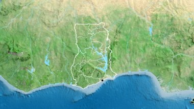 Gana sınır bölgesinin ve bölgesel sınırlarının uydu haritasına yakın plan. Ana nokta. Ülke şekli etrafında özet geç. 