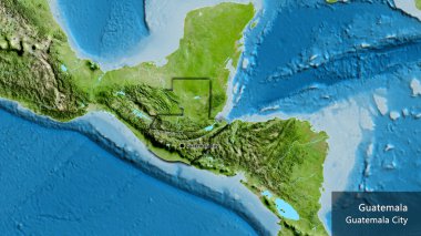 Guatemala sınır bölgesinin uydu haritasında yakın plan görüntüsü. Ana nokta. Kırsal kesimin kıvrımlı kenarları. Ülkenin ve başkentinin İngilizce adı