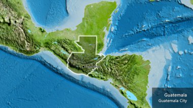 Guatemala sınır bölgesinin yakın planında uydu haritasında koyu bir örtüyle vurgulanıyor. Ana nokta. Ülke çapında parıldıyor. Ülkenin ve başkentinin İngilizce adı