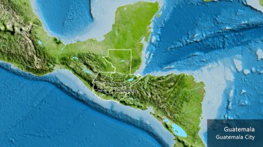 Guatemala sınırına ve bölgesel sınırlarına bir uydu haritasında yakın plan. Ana nokta. Ülke çapında bir taslak oluşturun. Ülkenin ve başkentinin İngilizce adı