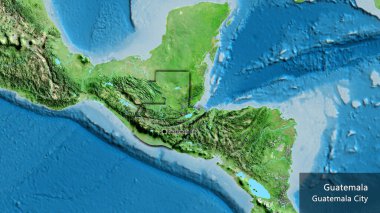 Guatemala sınır bölgesinin uydu haritasında yakın plan görüntüsü. Ana nokta. Kırsal kesimin kıvrımlı kenarları. Ülkenin ve başkentinin İngilizce adı