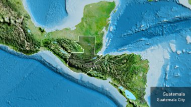 Guatemala sınır bölgesinin yakın planında uydu haritasında koyu bir örtüyle vurgulanıyor. Ana nokta. Ülke çapında bir taslak oluşturun. Ülkenin ve başkentinin İngilizce adı
