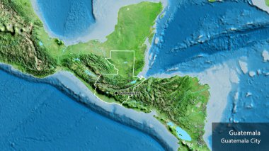 Guatemala sınır bölgesinin uydu haritasında yakın plan görüntüsü. Ana nokta. Ülke çapında bir taslak oluşturun. Ülkenin ve başkentinin İngilizce adı