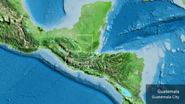 Guatemala sınırına ve bölgesel sınırlarına bir uydu haritasında yakın plan. Ana nokta. Ülke çapında bir taslak oluşturun. Ülkenin ve başkentinin İngilizce adı
