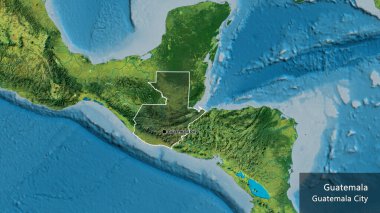 Guatemala sınır bölgesinin bir topoğrafik haritada koyu bir örtüyle ışıklandırılması. Ana nokta. Ülke çapında bir taslak oluşturun. Ülkenin ve başkentinin İngilizce adı