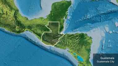 Guatemala sınır bölgesinin bir topoğrafik haritada koyu bir örtüyle ışıklandırılması. Ana nokta. Ülke çapında parıldıyor. Ülkenin ve başkentinin İngilizce adı