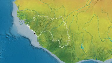 Bir topografik haritada Gine sınır bölgesinin yakın çekimleri. Ana nokta. Ülke şekli etrafında özet geç. 
