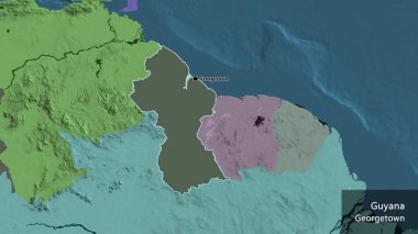 Guyana sınır bölgesinin bir idari haritada yakın plan görüntüsü. Ana nokta. Ülke çapında bir taslak oluşturun. Ülkenin ve başkentinin İngilizce adı