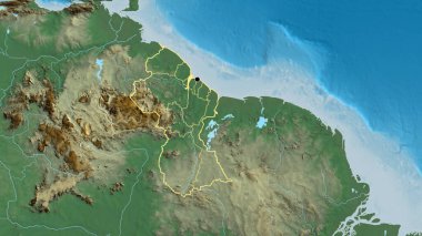 Guyana sınır bölgesinin ve bölgesel sınırlarının bir yardım haritası üzerinde yakınlaştırılması. Ana nokta. Ülke şekli etrafında özet geç. 