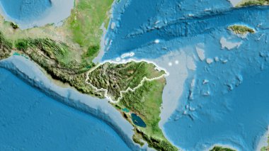 Honduras sınır bölgesinin uydu haritasında yakın plan görüntüsü. Ana nokta. Ülke çapında parıltı. 