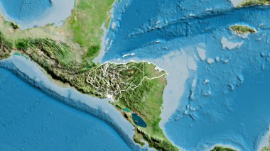 Honduras sınır bölgesinin ve onun bölgesel sınırlarının uydu haritasında yakın çekimleri. Ana nokta. Ülke şekli etrafında özet geç. 