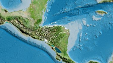Honduras sınır bölgesinin uydu haritasında yakın plan görüntüsü. Ana nokta. Ülke şekli etrafında özet geç. 