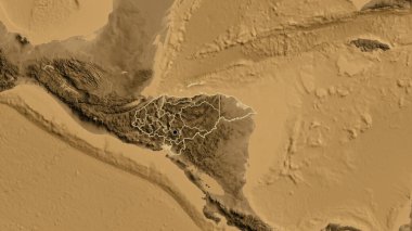 Bir sepia yükseklik haritası üzerinde Honduras sınır bölgesi ve bölgesel sınırlarına yakın çekim. Ana nokta. Ülke şekli etrafında özet geç. 