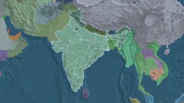 Bir idari harita üzerinde Hindistan sınır bölgesi ve bölgesel sınırlarına yakın çekim. Ana nokta. Ülke şekli etrafında özet geç. 