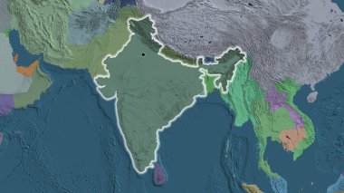Hindistan sınır bölgesinin yakın çekimleri idari bir haritada koyu bir örtüyle vurgulanıyor. Ana nokta. Ülke çapında parıltı. 