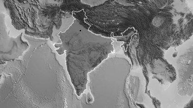 Hindistan sınır bölgesinin yakın çekimleri gri tonlu bir haritada koyu bir örtüyle vurgulanıyor. Ana nokta. Ülke şekli etrafında özet geç. 