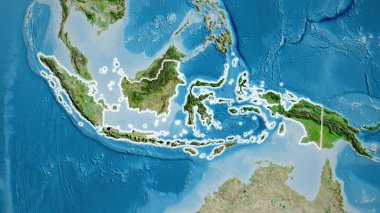 Endonezya sınır bölgesinin uydu haritası üzerinde yakın çekim. Ana nokta. Ülke çapında parıltı. 