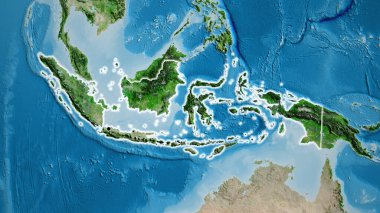 Endonezya sınır bölgesinin uydu haritası üzerinde yakın çekim. Ana nokta. Ülke çapında parıltı. 