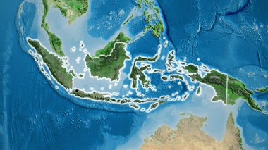 Endonezya sınır bölgesinin yakın planında uydu haritasında koyu bir örtüyle vurgulanıyor. Ana nokta. Ülke çapında parıltı. 