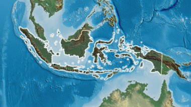 Endonezya sınır bölgesinin yakın planında, bir yardım haritasında koyu bir örtüyle vurgulanıyor. Ana nokta. Ülke çapında parıltı. 